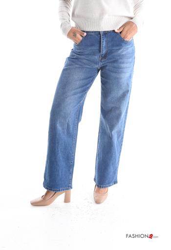 wide leg Cotton Jeans with buttons with zip with pockets