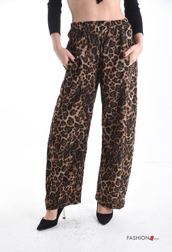Animal print wide leg Trousers with pockets with elastic