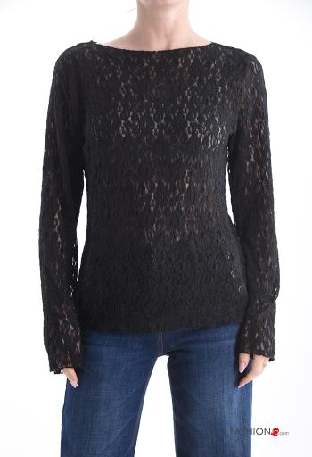 Maglietta a manica lunga pizzo girocollo Fantasia ricamata - ph 1