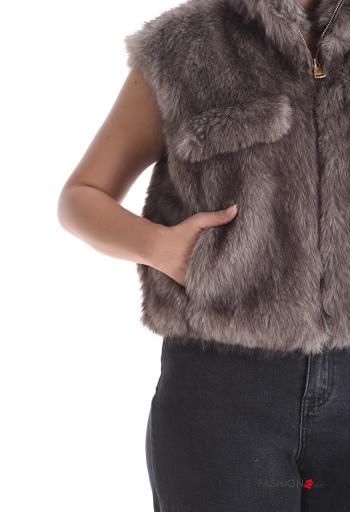 sleeveless Faux Fur Coat Rollneck with lining with pockets - ph 4