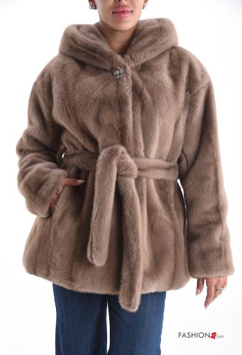 faux fur long sleeve Jacket with buttons with rhinestones with lining with pockets with belt - ph 1