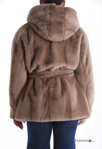 faux fur long sleeve Jacket with buttons with rhinestones with lining with pockets with belt - ph 2