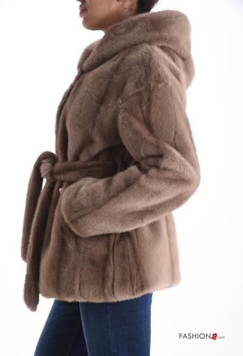 faux fur long sleeve Jacket with buttons with rhinestones with lining with pockets with belt - ph 3