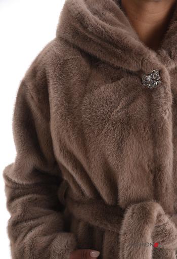 faux fur long sleeve Jacket with buttons with rhinestones with lining with pockets with belt - ph 4