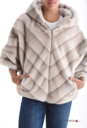 Faux Fur Coat with hood 3/4 sleeve with lining with zip with pockets - ph 1