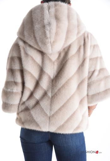 Faux Fur Coat with hood 3/4 sleeve with lining with zip with pockets - ph 2
