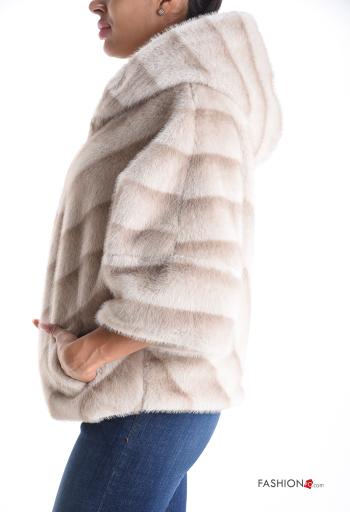 Faux Fur Coat with hood 3/4 sleeve with lining with zip with pockets - ph 3