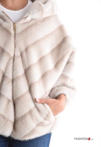 Faux Fur Coat with hood 3/4 sleeve with lining with zip with pockets - ph 4