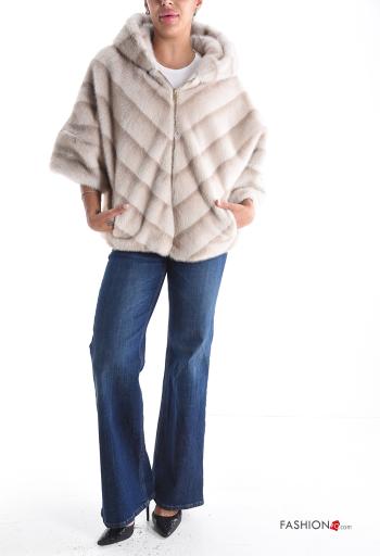 Faux Fur Coat with hood 3/4 sleeve with lining with zip with pockets - ph 5