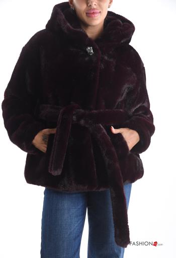 faux fur Jacket with buttons with hood with lining with rhinestones with belt