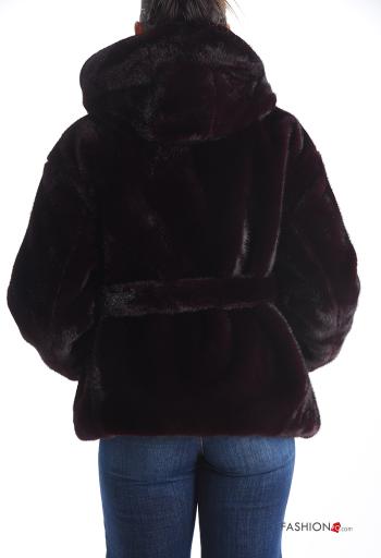 faux fur Jacket with buttons with hood with lining with rhinestones with belt - ph 2
