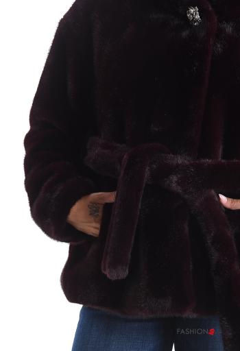 faux fur Jacket with buttons with hood with lining with rhinestones with belt - ph 4
