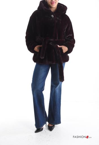 faux fur Jacket with buttons with hood with lining with rhinestones with belt - ph 5