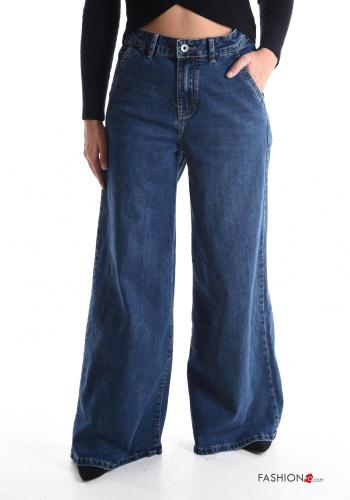 flared wide leg Cotton Jeans with buttons with zip with pockets