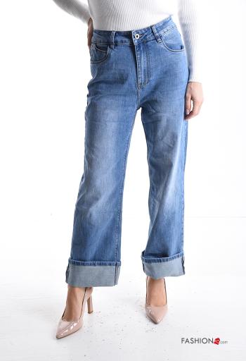denim wide leg Cotton Jeans with buttons with zip with pockets - ph 1