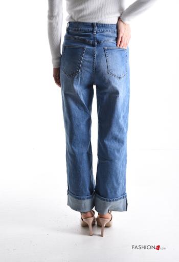 denim wide leg Cotton Jeans with buttons with zip with pockets - ph 2