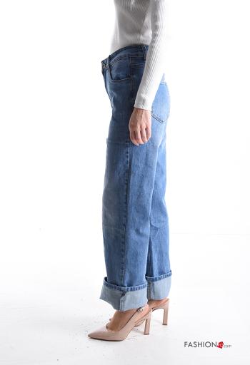 denim wide leg Cotton Jeans with buttons with zip with pockets - ph 3