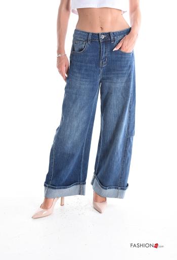 denim wide leg Cotton Jeans with buttons with zip with pockets