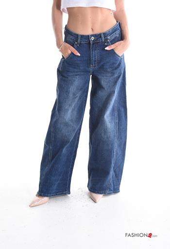 denim wide leg Cotton Jeans with buttons with zip with pockets - ph 1