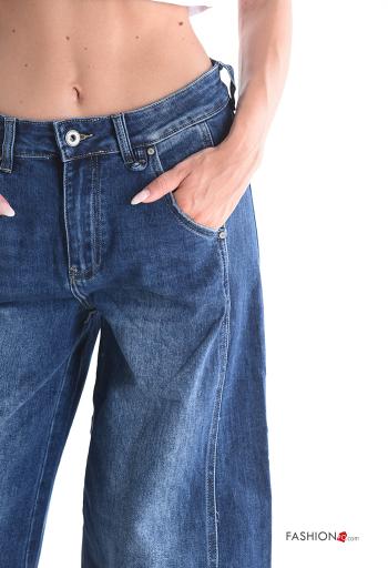 denim wide leg Cotton Jeans with buttons with zip with pockets - ph 4