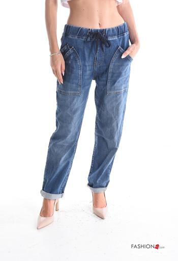 denim Cotton Jeans with drawstring with elastic with pockets