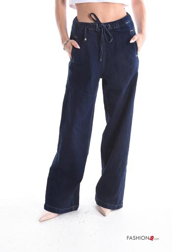 wide leg long denim Cotton Jeans with pockets with drawstring - ph 1