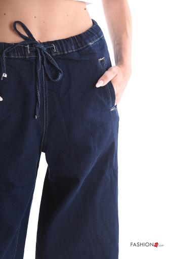 wide leg long denim Cotton Jeans with pockets with drawstring - ph 4