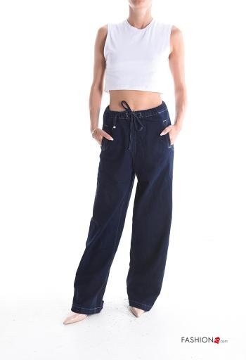 wide leg long denim Cotton Jeans with pockets with drawstring - ph 5