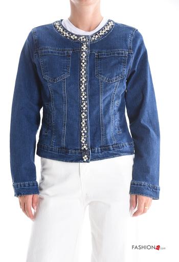 denim crew neck Cotton Jacket with buttons with rhinestones with pockets