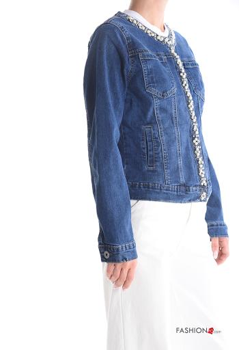 Blusão em Algodão denim gola redonda com bolsos com botões com strass - ph 3