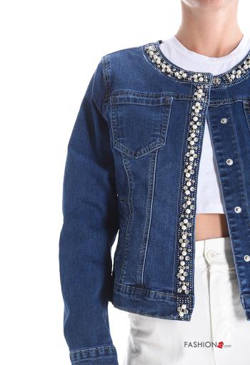 Blusão em Algodão denim gola redonda com bolsos com botões com strass - ph 4