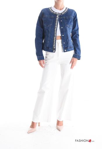 Blusão em Algodão denim gola redonda com bolsos com botões com strass - ph 5