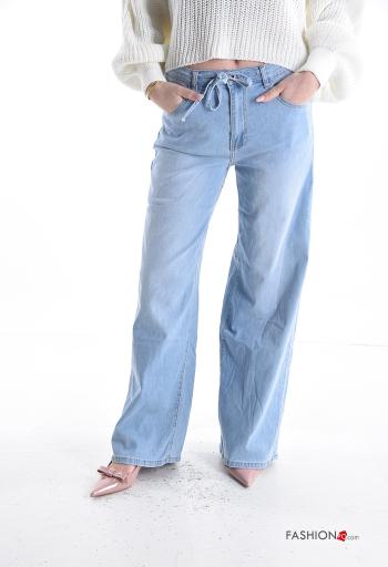 Jeans in Cotone denim wide leg con bottoni con zip con fiocco con tasche - ph 1