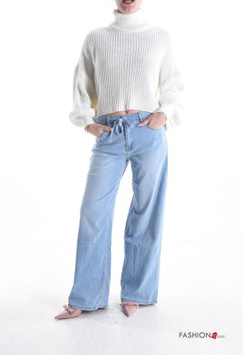 Jeans in Cotone denim wide leg con bottoni con zip con fiocco con tasche - ph 5