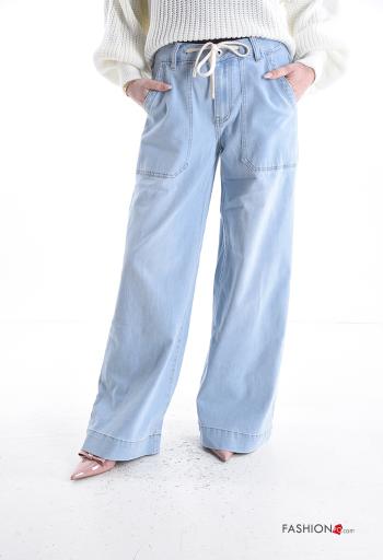 denim wide leg Cotton Jeans with buttons with string with pockets
