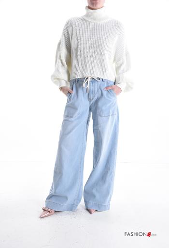 denim wide leg Cotton Jeans with buttons with string with pockets - ph 5