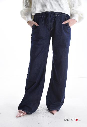 Jeans in Cotone denim wide leg con elastico con tasche con coulisse