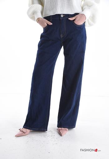 Jeans in Cotone wide leg con tasche con bottoni con zip