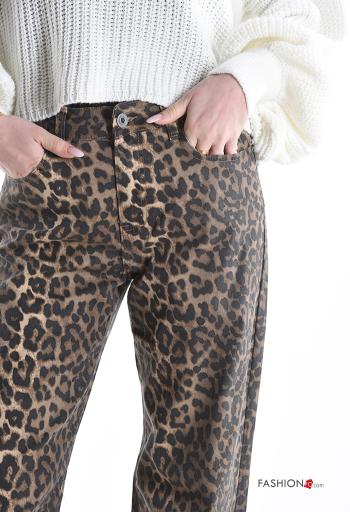 Jeans in Cotone wide leg lungo Fantasia animalier con tasche con bottoni con zip - ph 4