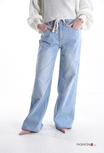 Jeans in Cotone denim wide leg con corda con zip con bottoni con tasche