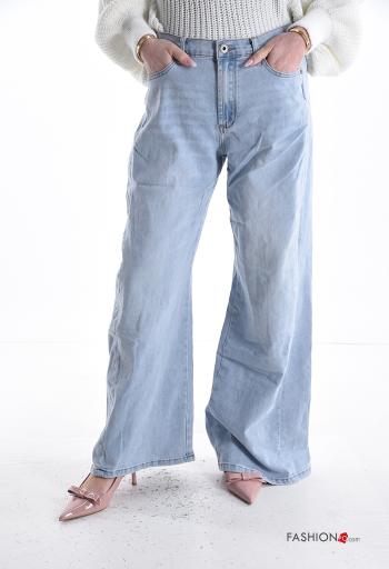Jeans in Cotone denim wide leg con tasche con bottoni con zip