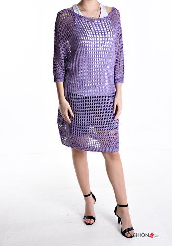Vestido playero de rejilla De lurex por la rodilla manga tres cuartos escote barco