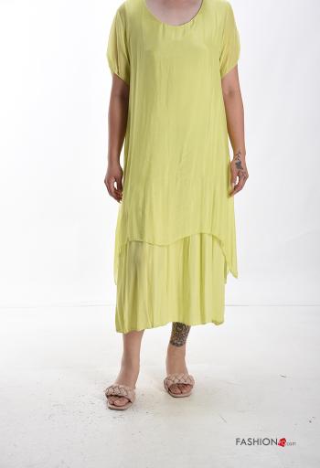 Vestido em Seda manga curta gola redonda com folhos - ph 1