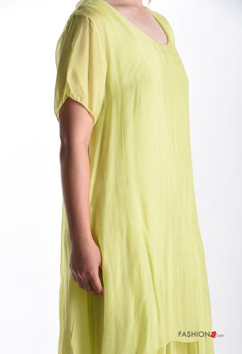 Vestido em Seda manga curta gola redonda com folhos - ph 4
