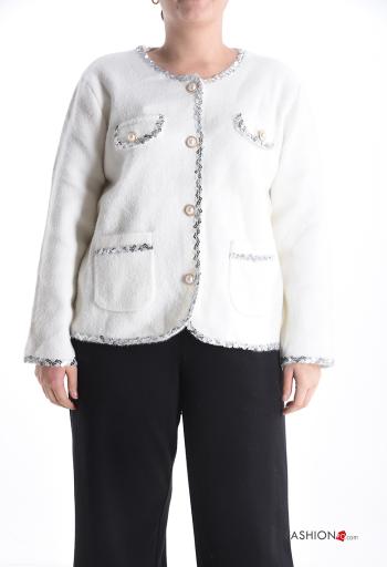 long sleeve crew neck Cardigan with sequins with buttons with pearls with pockets - ph 1