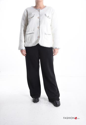 long sleeve crew neck Cardigan with sequins with buttons with pearls with pockets - ph 5