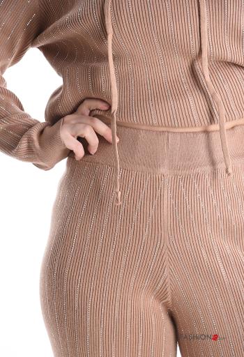 Conjunto em jersey canelado manga comprida com strass com capuz com elástico - ph 4