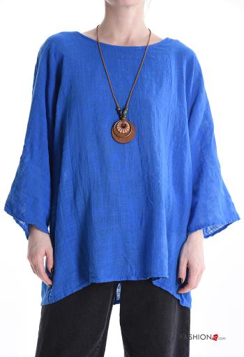 long sleeve crew neck Cotton Blouse with necklace - ph 1