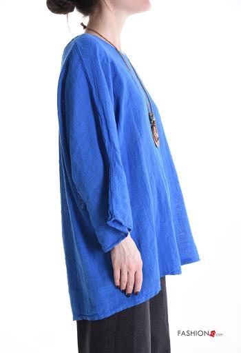 long sleeve crew neck Cotton Blouse with necklace - ph 3