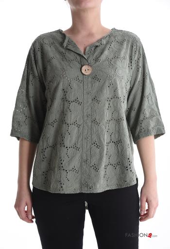 Blusa de Algodón Patrón bordado manga tres cuartos con botones bordado inglés